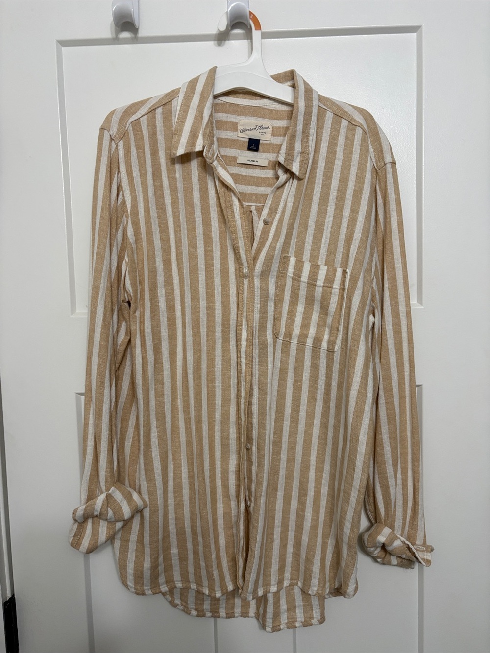 Casual Beige & White Striped Women’s Button-Up Shirt